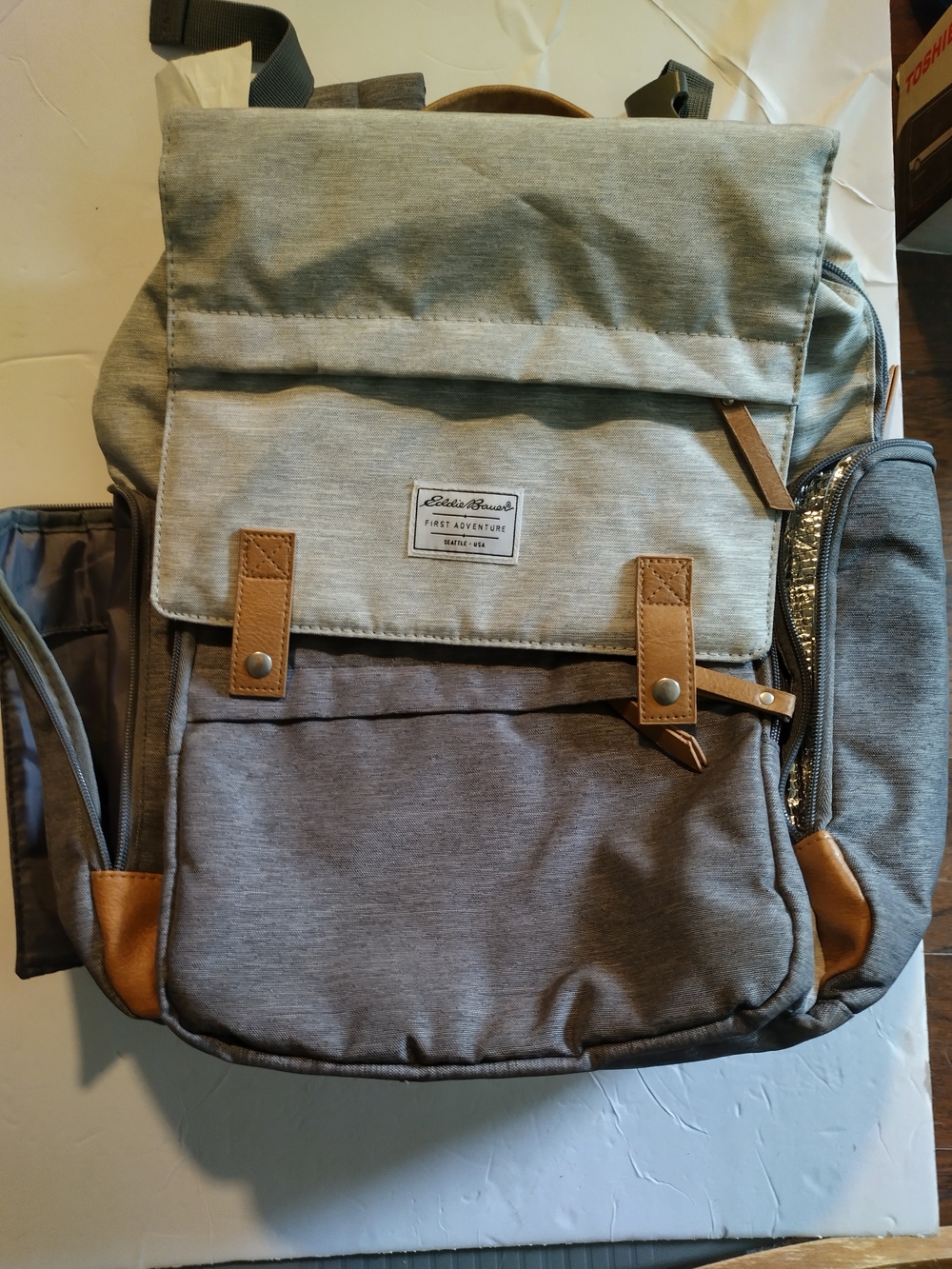 Eddie Bauer First Adventure Light Grey and Dark Grey  Backpack with Tan Accents